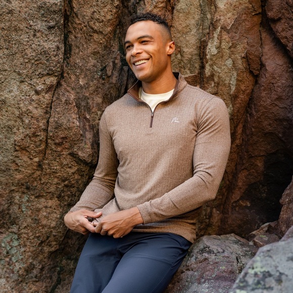 Rhoback Brown Herringbone Jaquard 1/4zip Performance shirt - Picture 1 of 7